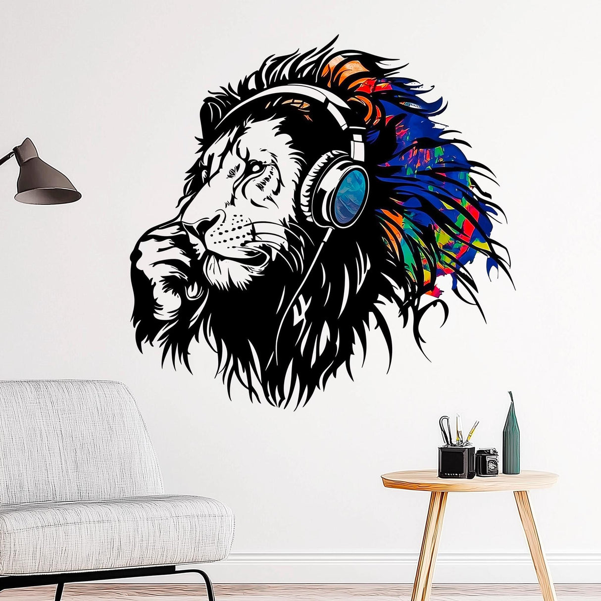 Colorful lion wall sticker with headphones, vibrant vinyl mural for music lovers in modern living space.