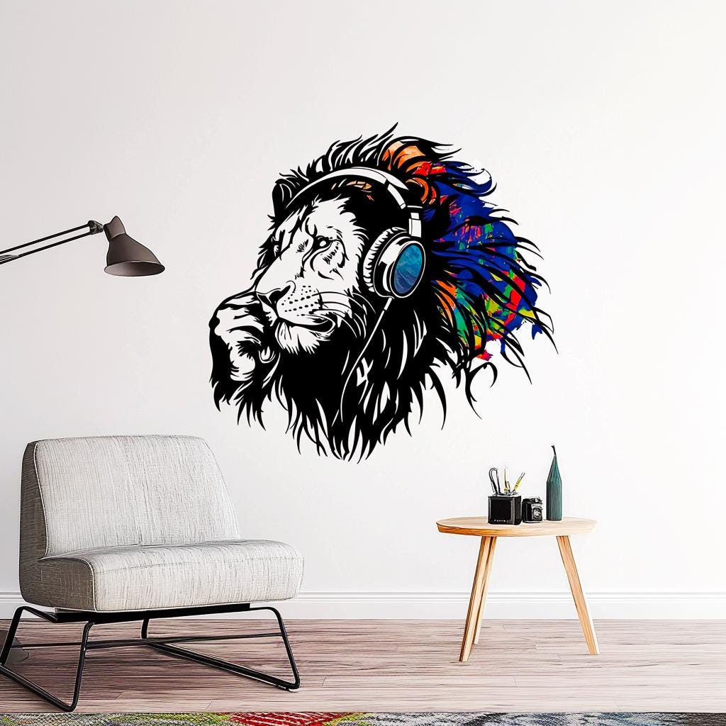 Vibrant lion wall sticker with headphones, perfect for music lovers, adding artistic flair to any room.