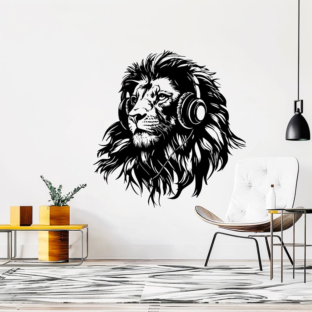 Black lion head wall sticker with headphones, perfect for modern music lovers and stylish decor.