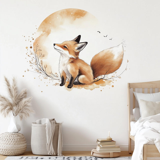 Charming woodland fox wall decal in soft colors, ideal for a nursery or kids' room decor.