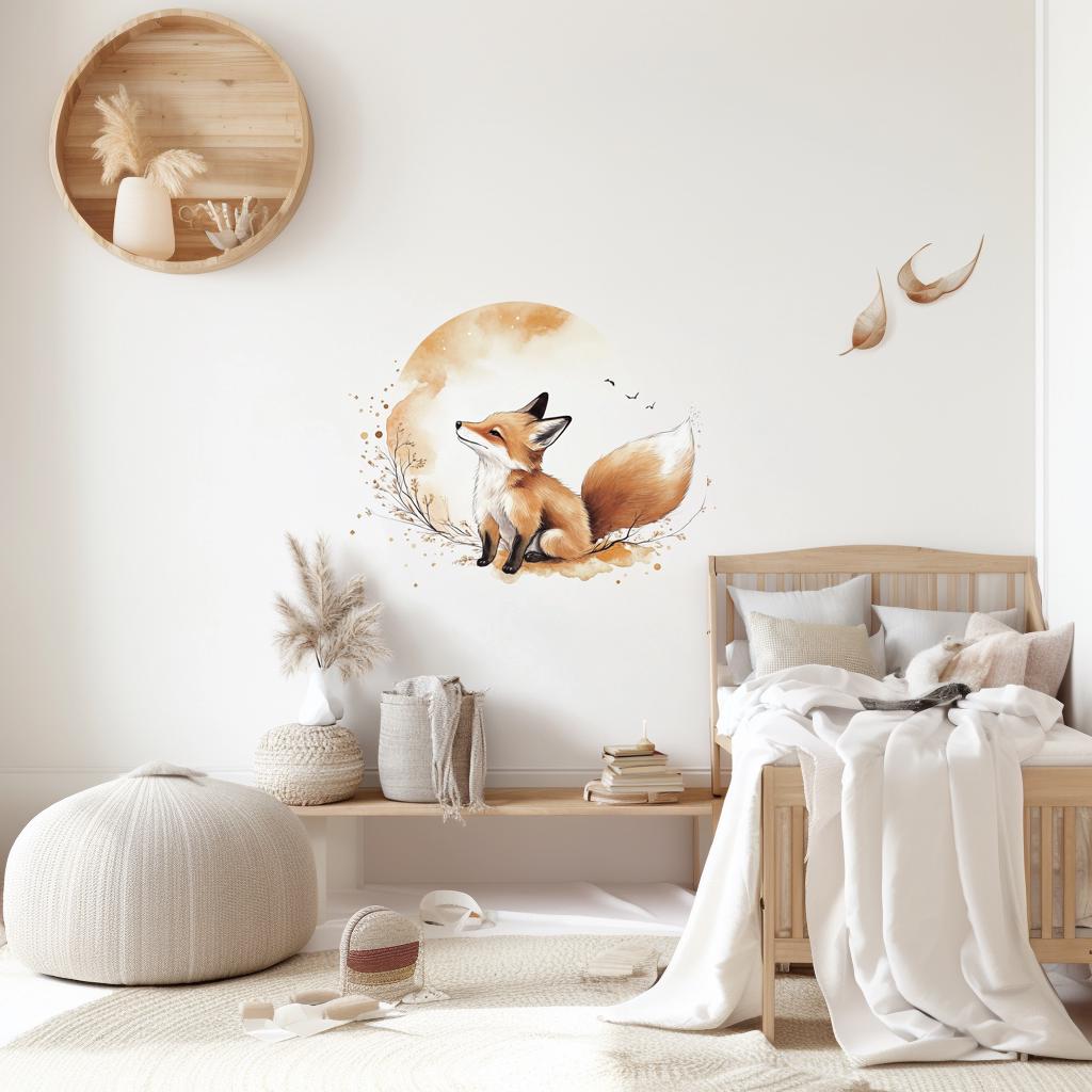 Charming fox wall decal in a cozy nursery, adding woodland magic to kids' room decor.