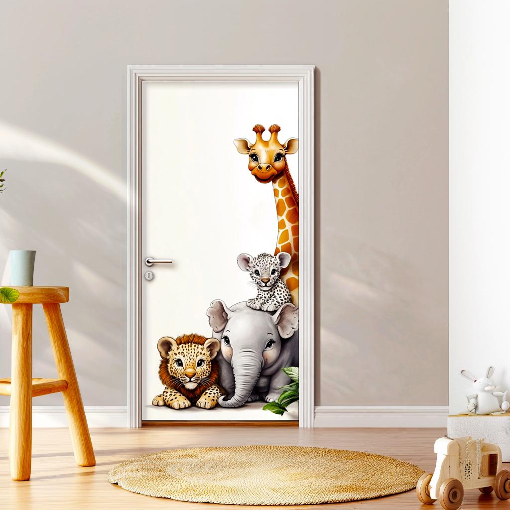Safari animal door sticker featuring baby giraffe, lion, elephant, and leopard for kids' room decor.