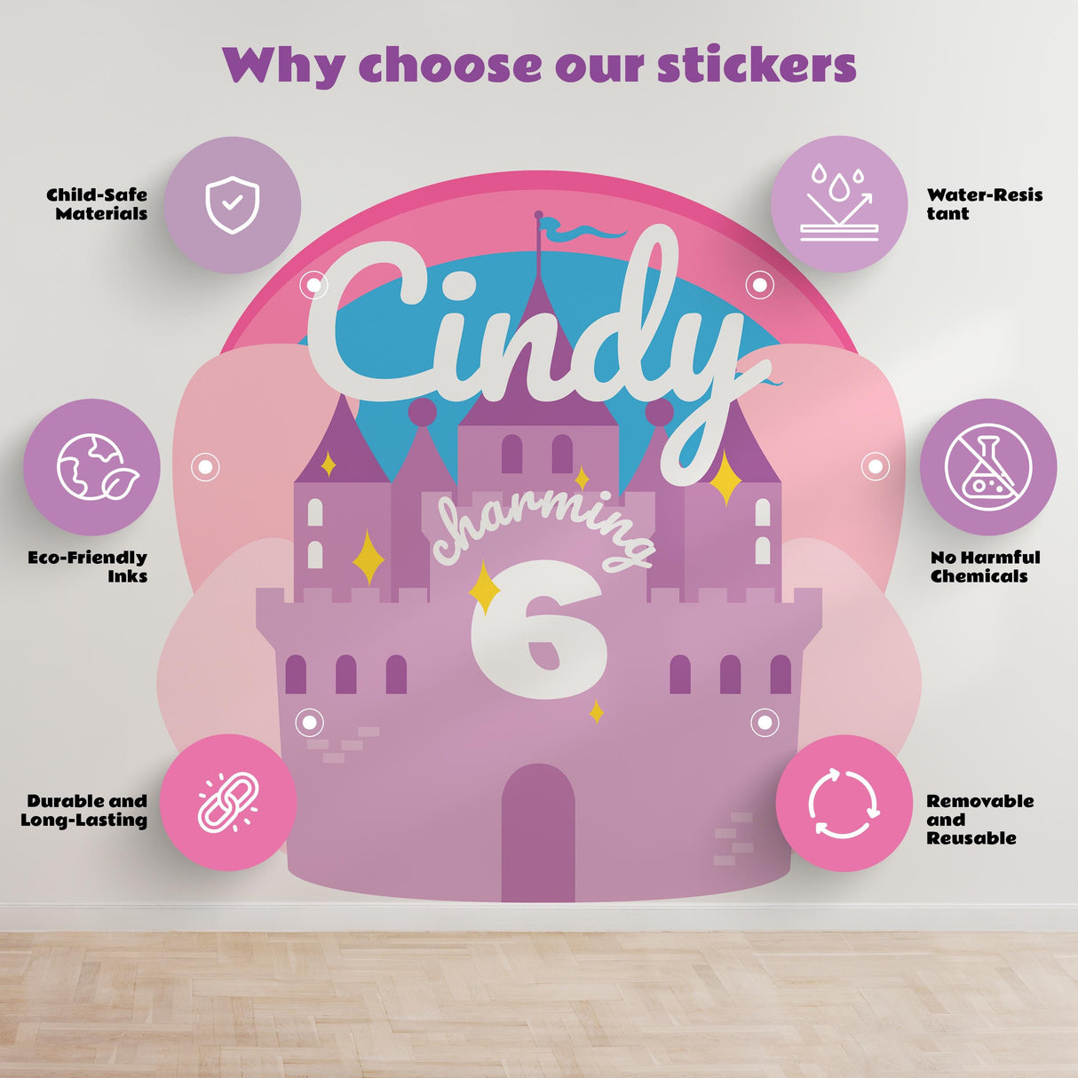 Personalized kids birthday stickers featuring eco-friendly, child-safe materials with a castle theme.