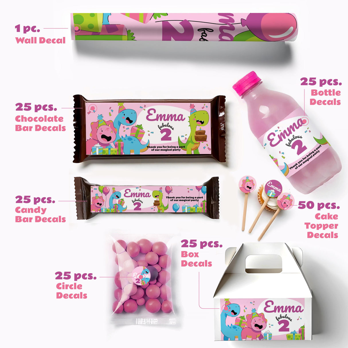 Dinosaur Themed Personalized Kids Birthday Sticker Set | Custom Girl Name Age Party Decor Decals | Birthday Decoration Kit | Party Favor *!