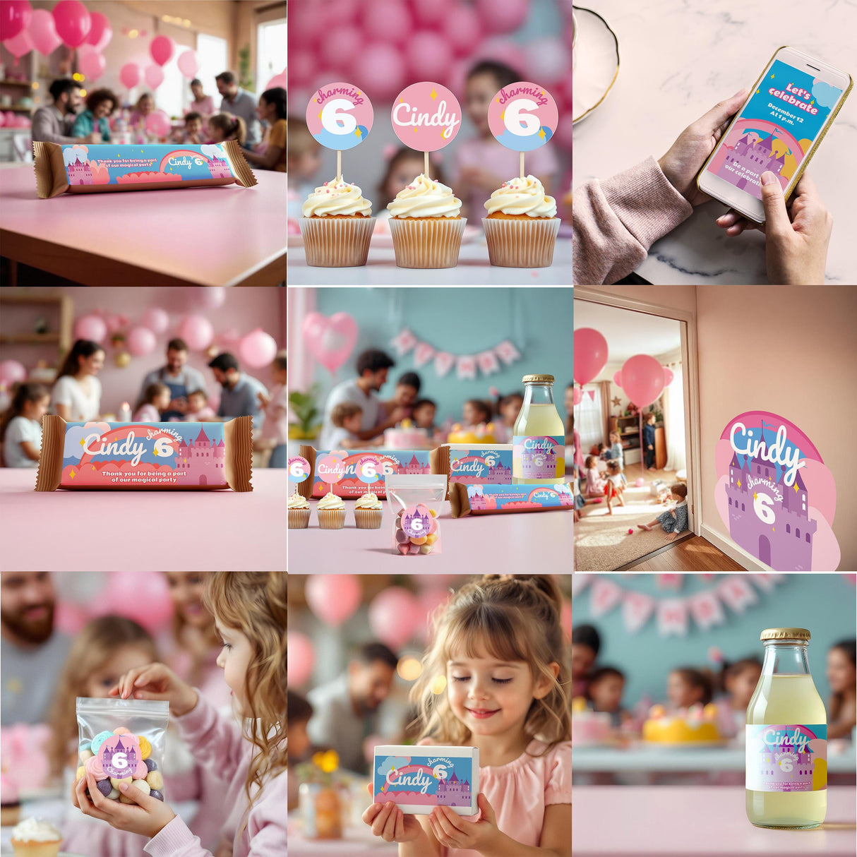 Personalized kids birthday sticker set with custom name and age, featuring festive decorations and party treats.