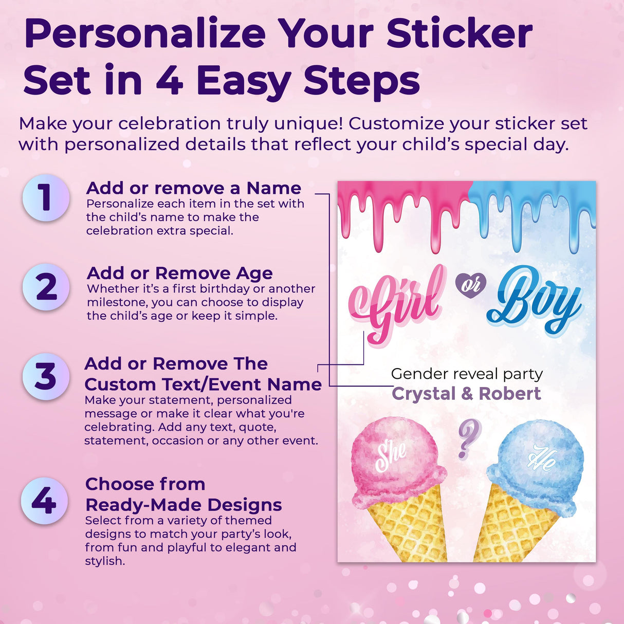 Instructions for personalizing gender reveal party sticker set in 4 easy steps with ice cream theme.