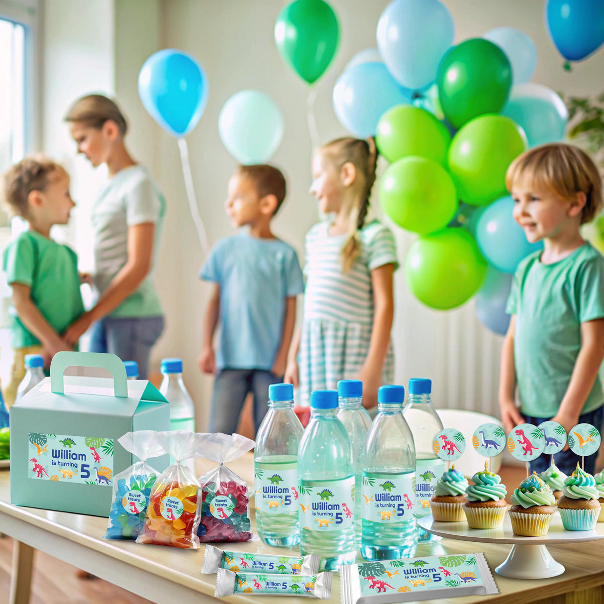 Dinosaur Birthday Party Decal Set | Personalized Kids Party Stickers | Custom Name Age Bottle, Treat Decals | DIY Dino Theme Decorations *!