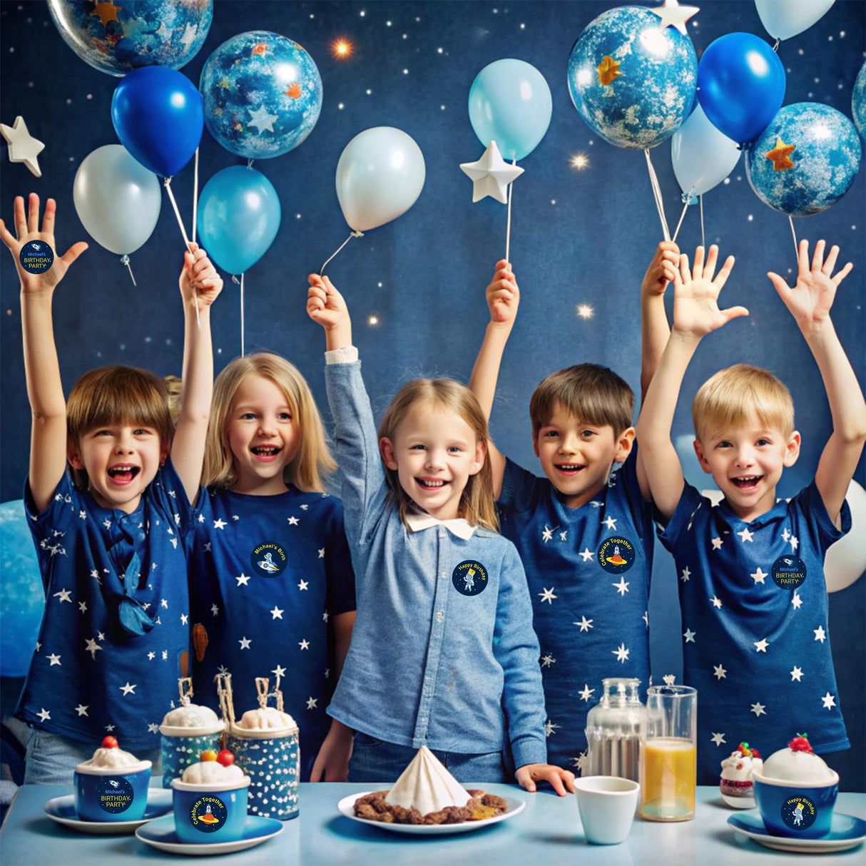 Kids celebrating a space-themed birthday party with balloons and treats, wearing star-patterned outfits.