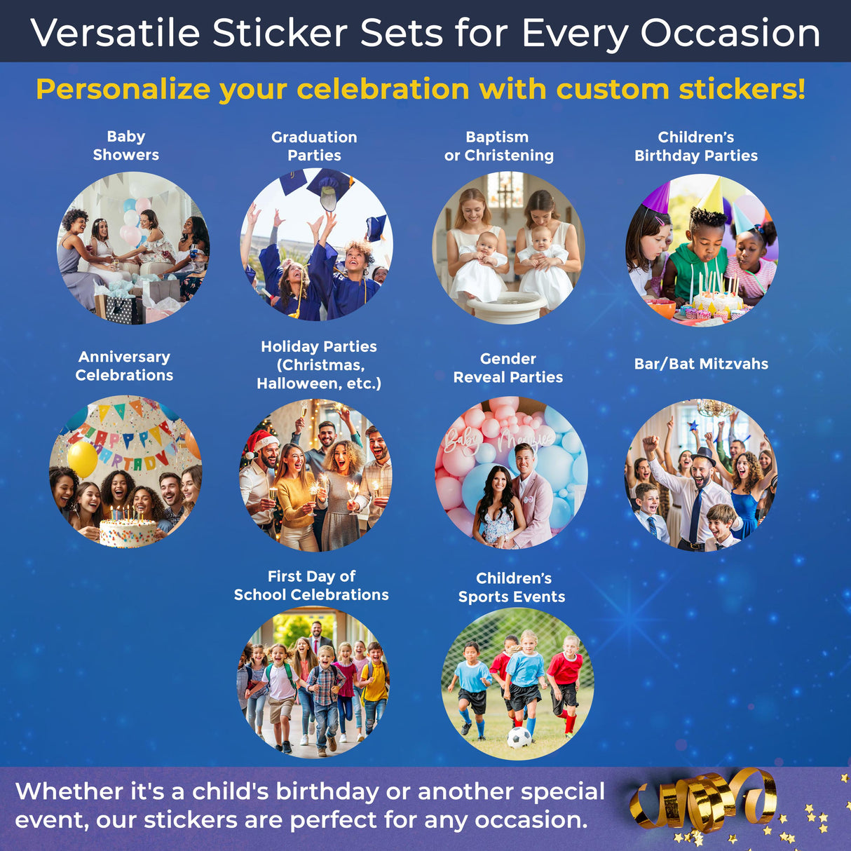 Image showcasing versatile sticker sets for various occasions like birthdays, graduations, and more.