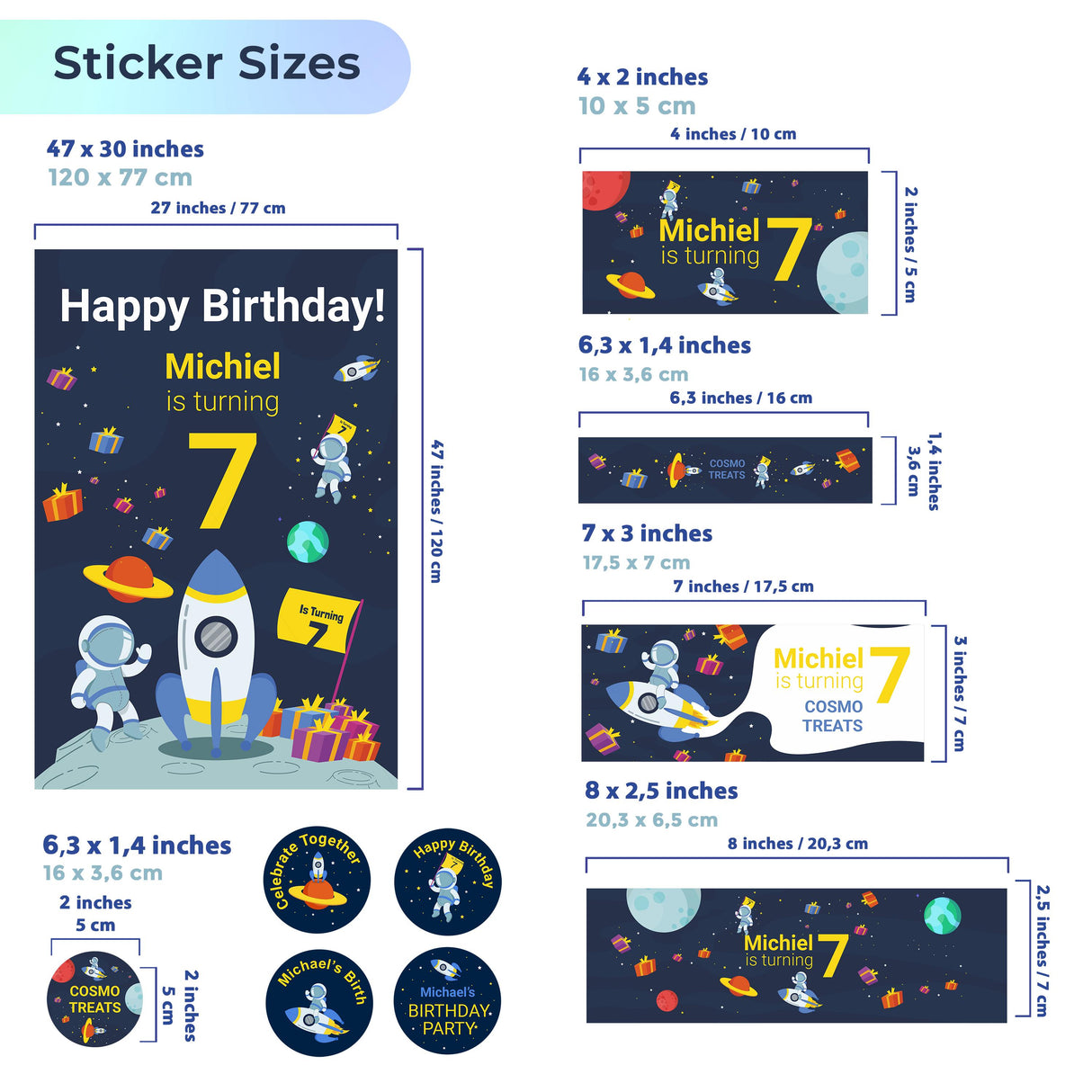 Sticker size chart for personalized space birthday party decals, including astronaut and rocket designs.