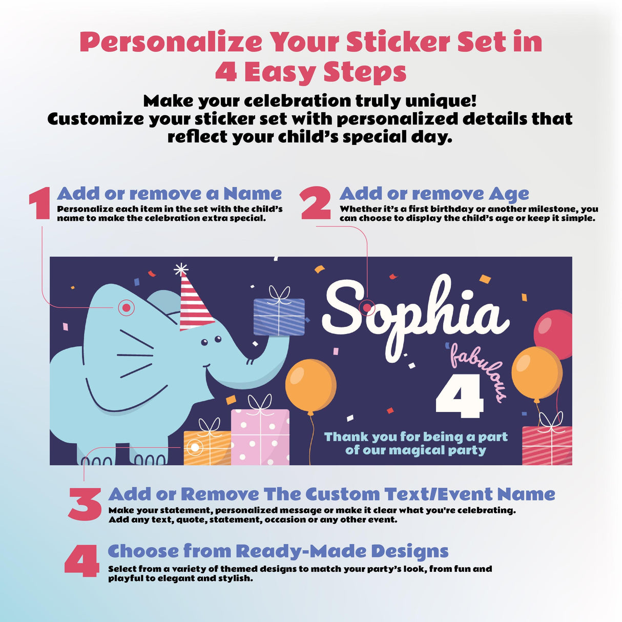 Personalized Elephant Birthday Party Decal Set | Custom Name Age Bottle Treat Decals | Cute Animal Theme | DIY Girls Party Decorations *!