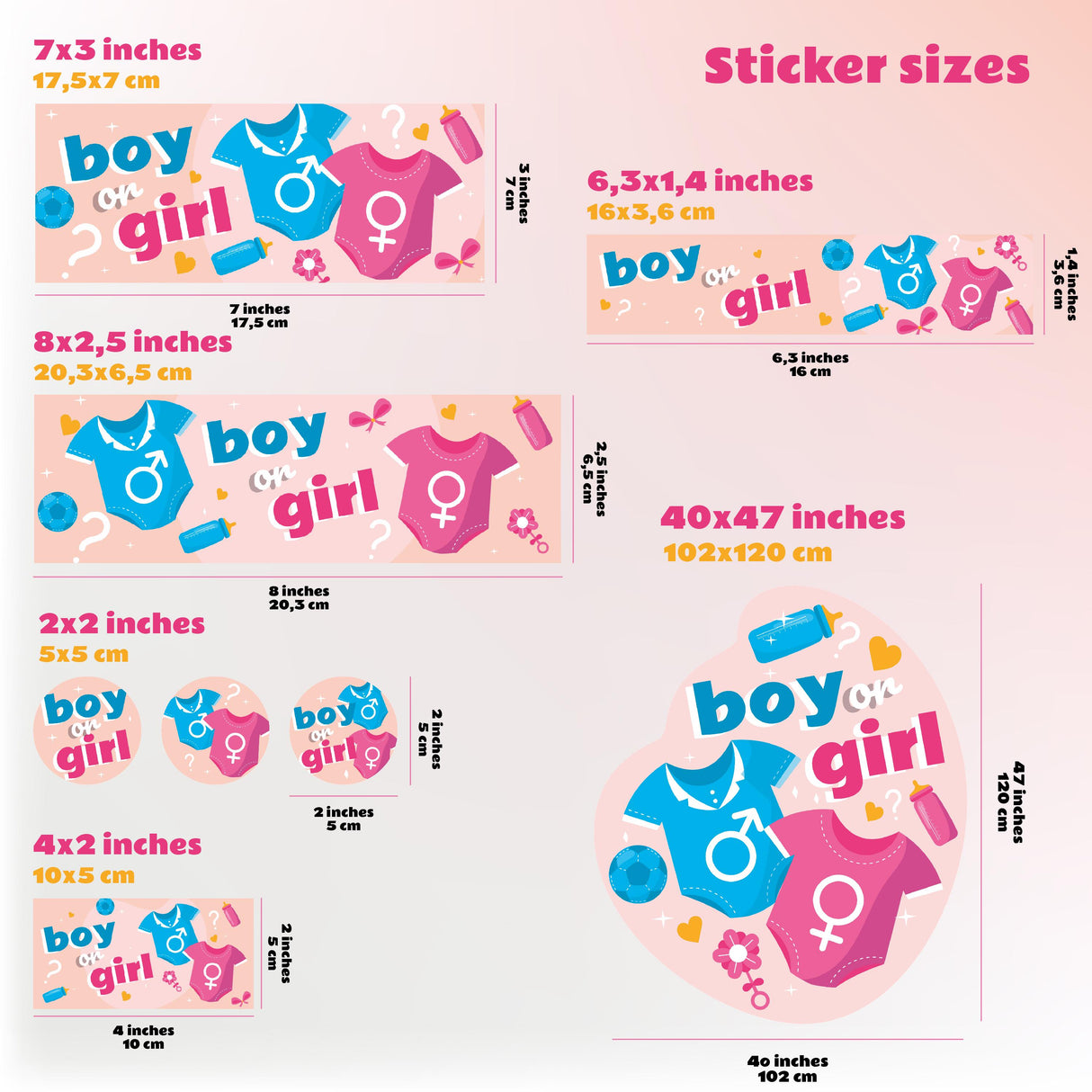 Gender reveal decal set sticker sizes for customizable baby shower decorations, featuring boy and girl themes.