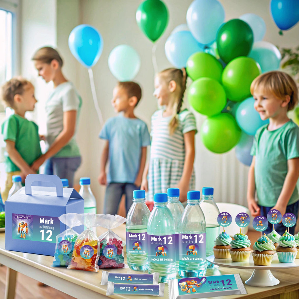 Robot themed birthday party setup with customized decorations, snacks, and drinks for Mark's 12th birthday celebration.