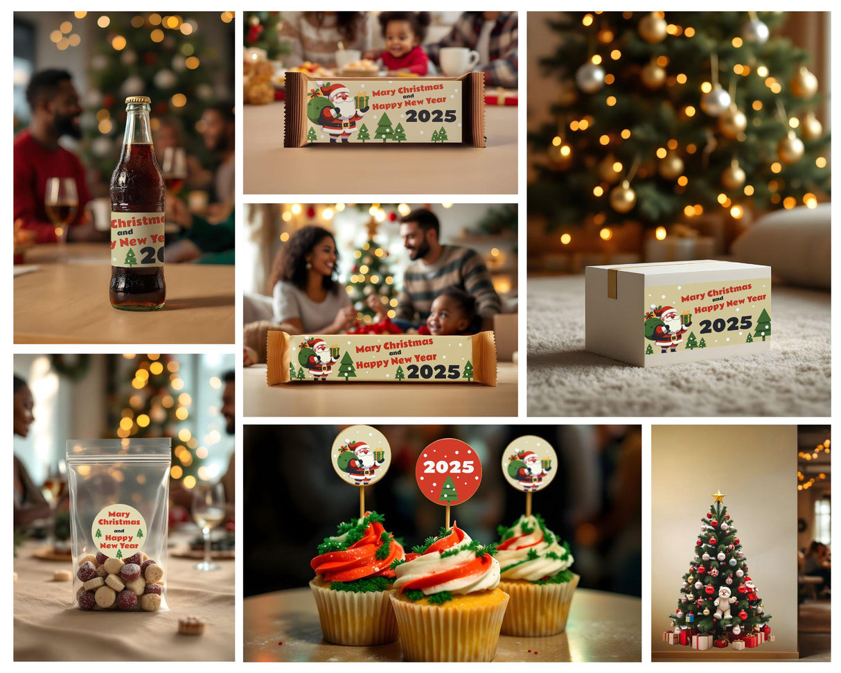 Christmas celebration scene featuring personalized labels, festive cupcakes, and a decorated tree for 2025.