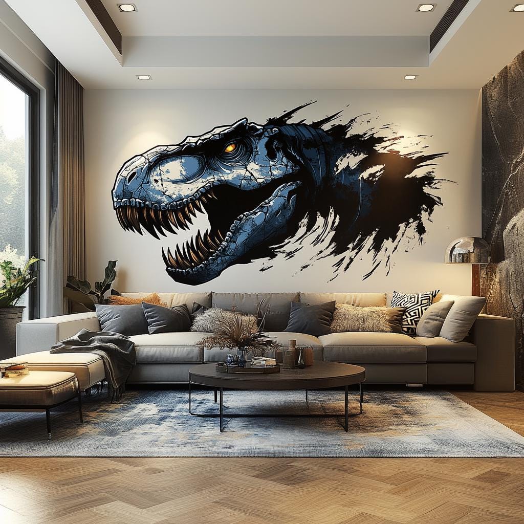 Realistic T-Rex dinosaur wall sticker decal in modern living room, showcasing bold 3D design.