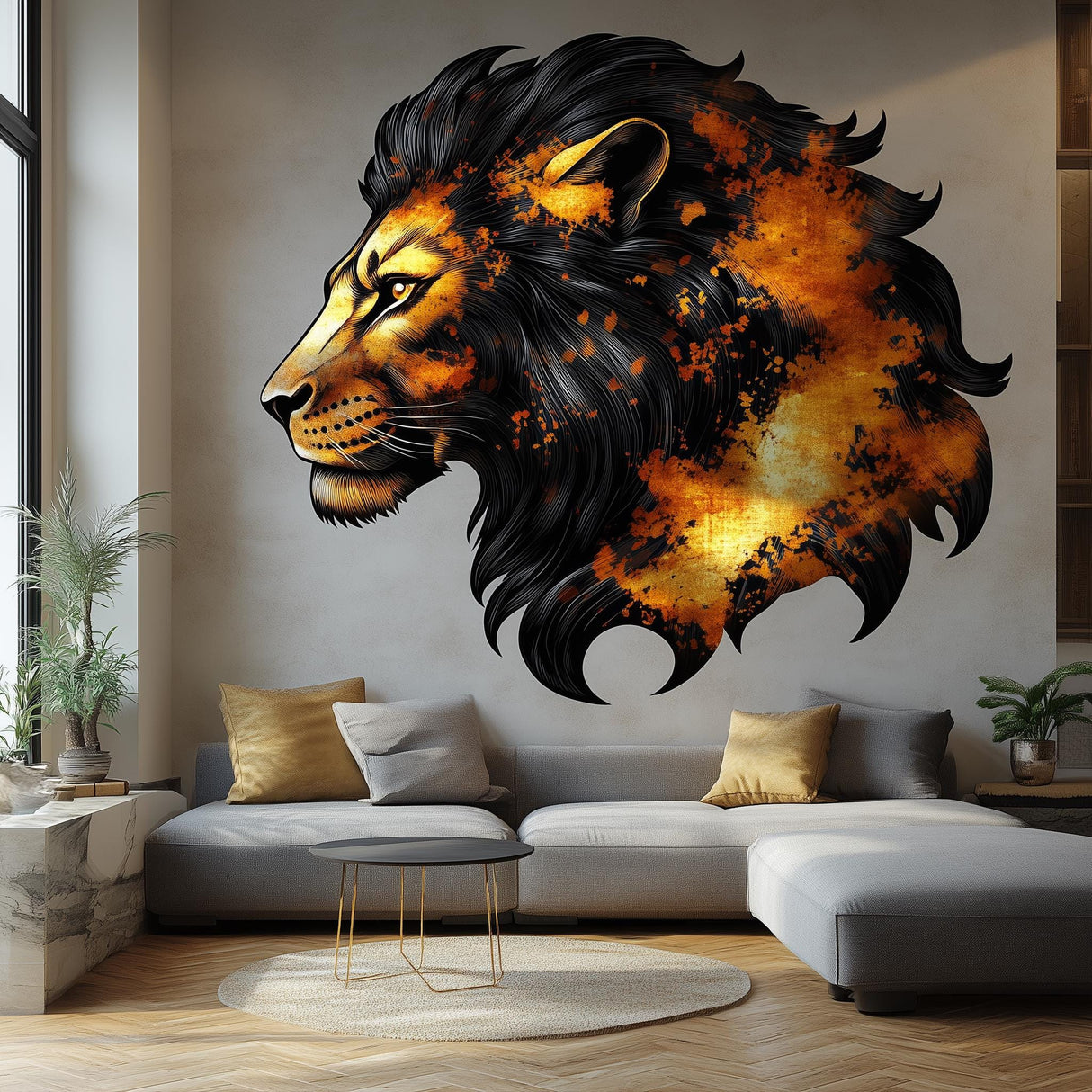Majestic lion wall sticker in fiery orange and black tones, perfect for living room decor.