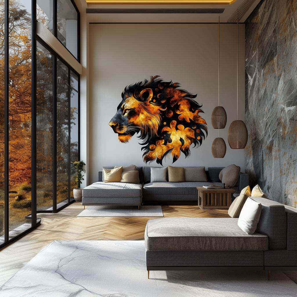 Abstract fiery lion wall decal in modern living room, showcasing bold colors and artistic design.