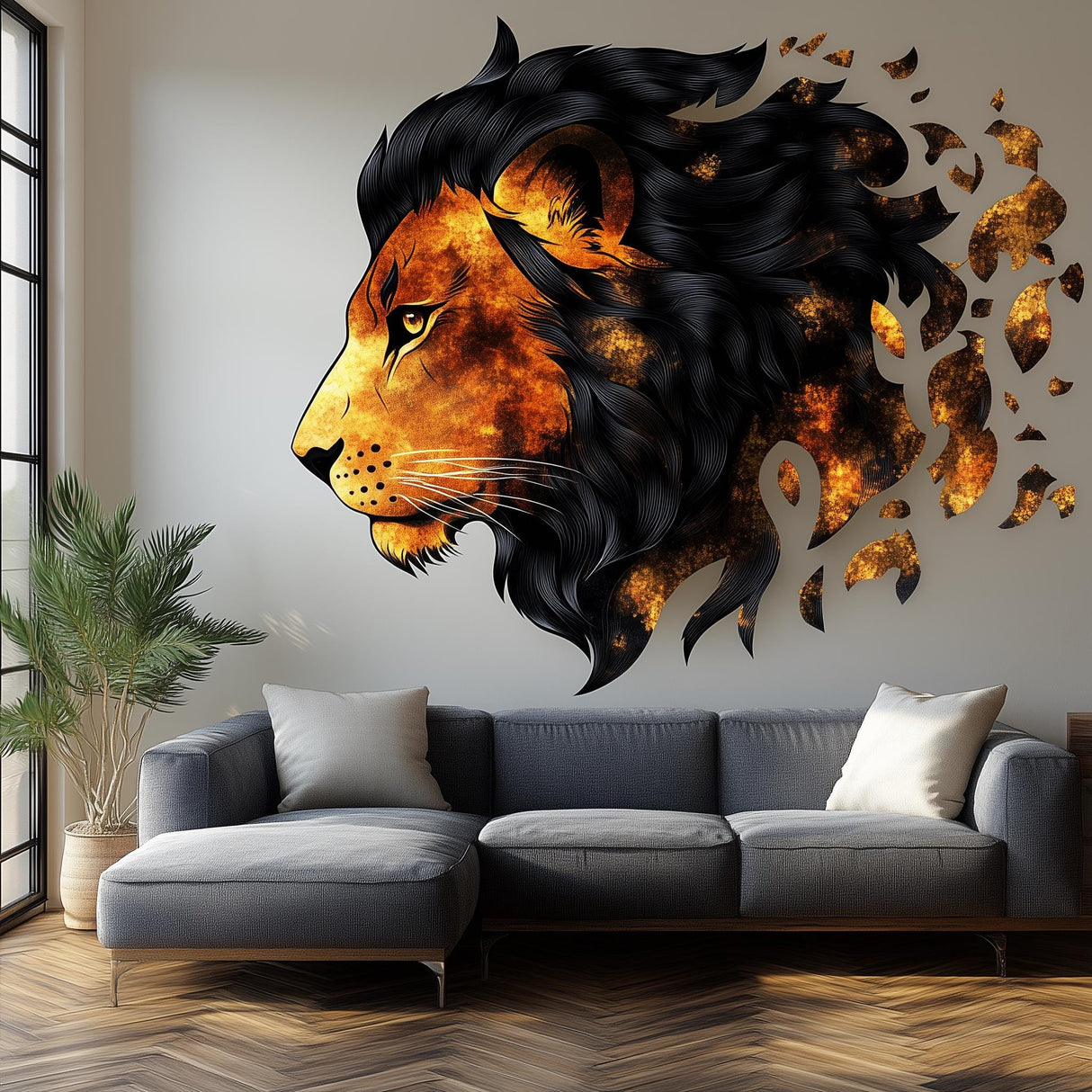 Fiery lion wall decal in vibrant orange and black, adding bold elegance to living room decor.