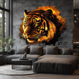 Fiery tiger wall sticker decal creating a bold mural effect in a modern living room, featuring vibrant orange and black tones.
