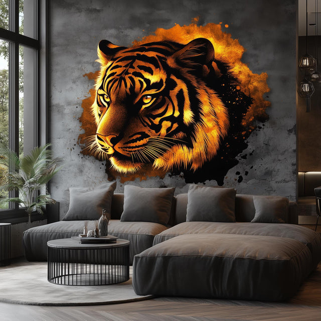 Fiery tiger wall sticker decal creating a bold mural effect in a modern living room, featuring vibrant orange and black tones.