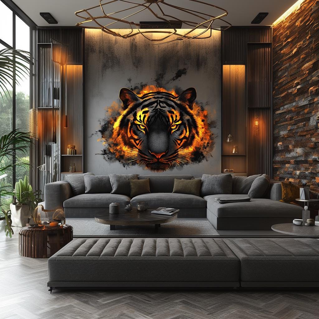Angry Tiger Wall Decal | Fiery 3D Tiger Face Mural Art | Intense Animal Wall Sticker Decor for Living Room, Office, Bedroom, Safari Accent