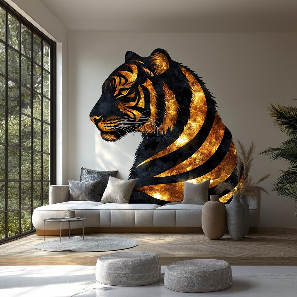 Golden Tiger Wall Sticker Decal in elegant living room setting, showcasing its regal profile and striking orange stripes.