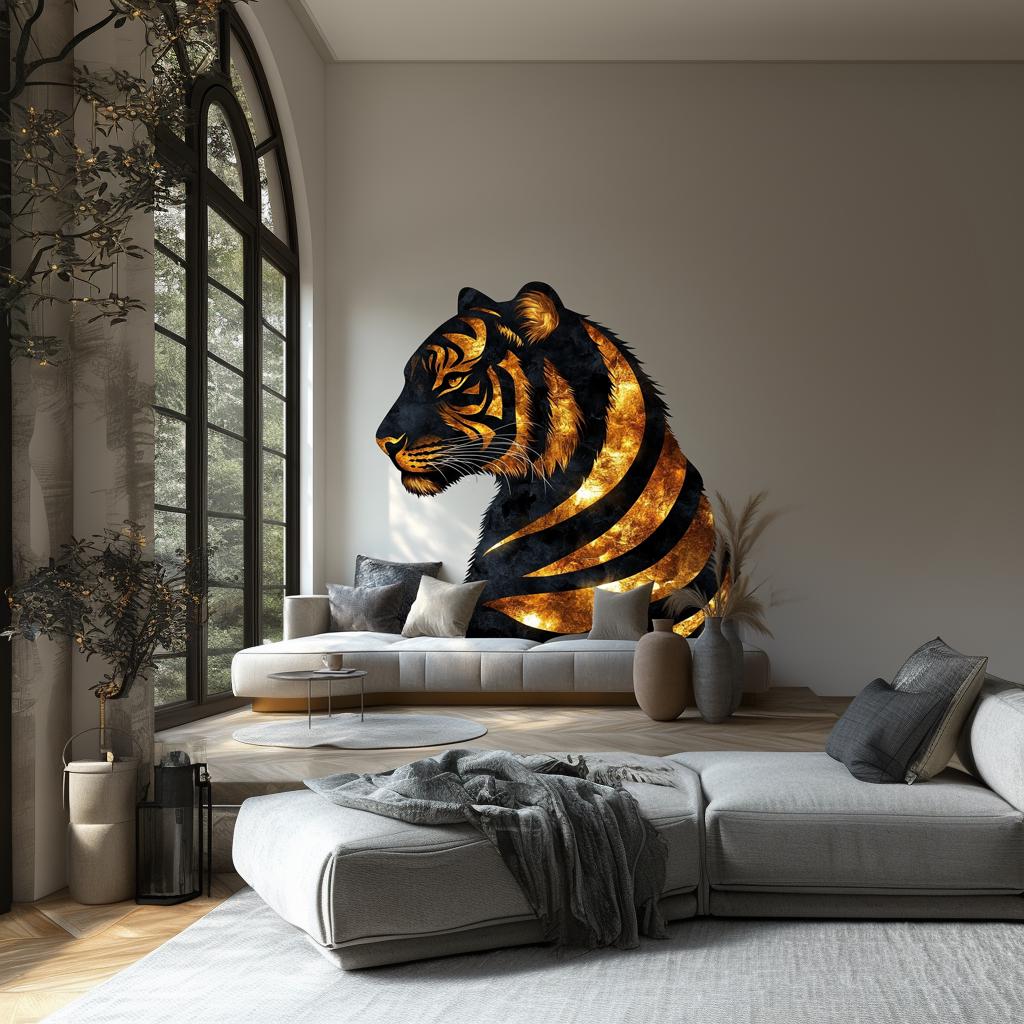 Elegant golden tiger wall sticker mural in stylish living room decor, creating a bold focal point.