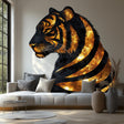Golden Tiger Wall Sticker Decal showcasing elegant tiger mural art in a stylish living room.