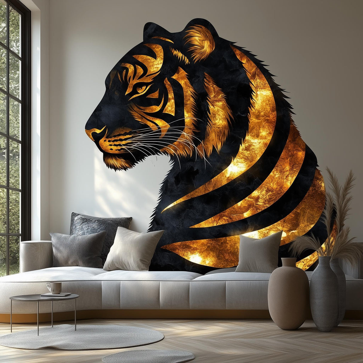 Golden Tiger Wall Sticker Decal showcasing elegant tiger mural art in a stylish living room.