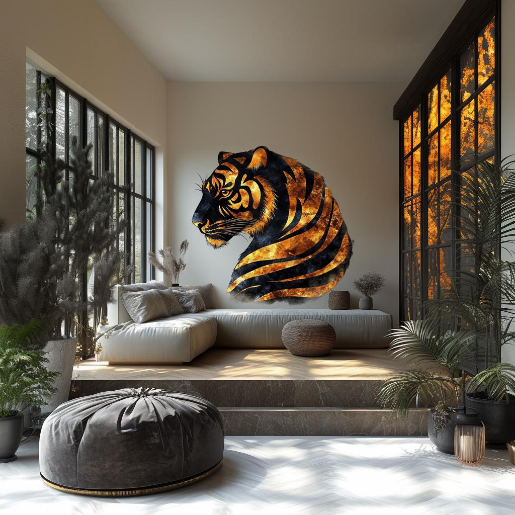 Majestic tiger wall sticker decal in living room, featuring golden stripes against a smoky background.
