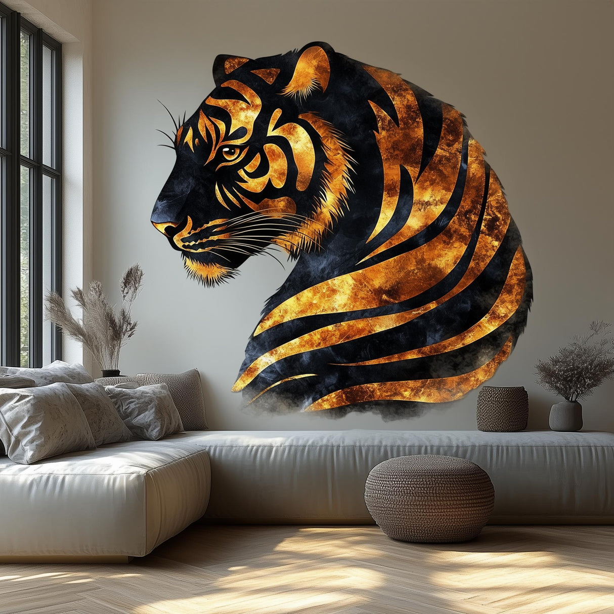 Majestic tiger wall decal in golden-orange tones, adding elegance to a stylish living room.