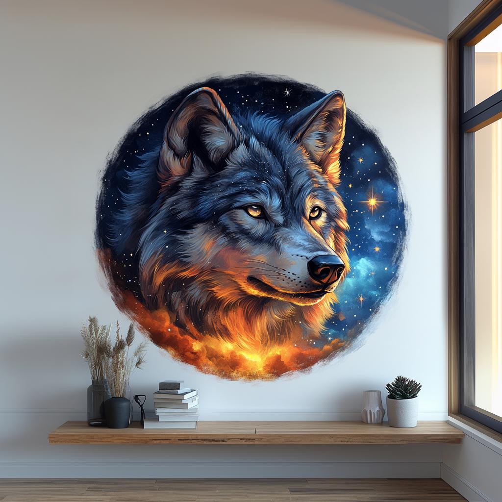 Cosmic wolf wall mural art showcasing a majestic wolf against a starry sky with fiery tones, perfect for nature-inspired decor.