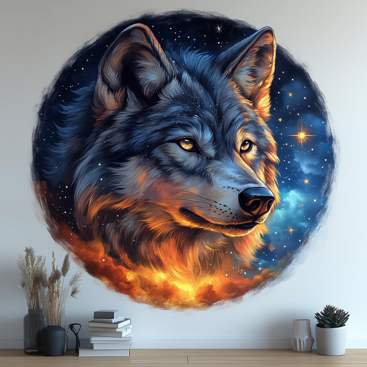 Mystical wolf wall sticker mural featuring vibrant colors and starry sky, perfect for nature-inspired decor.