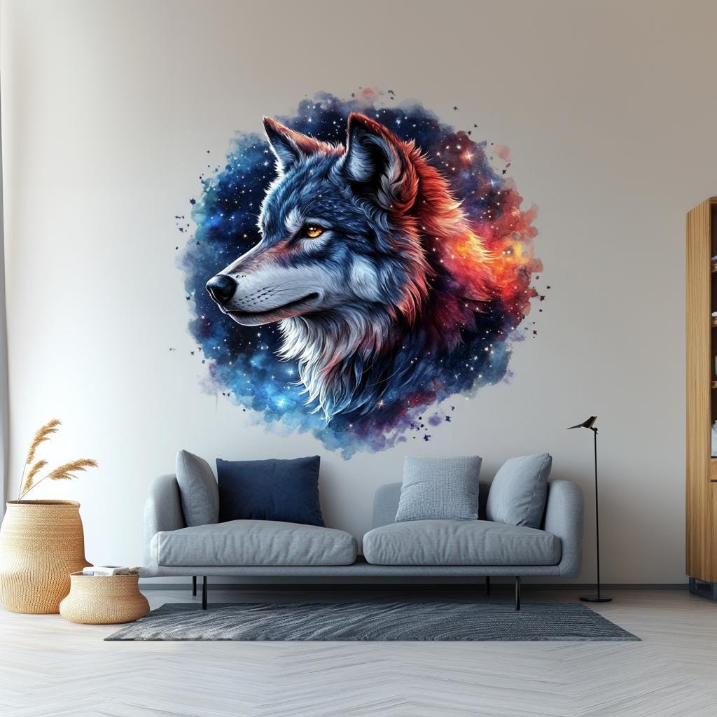 Celestial Wolf Wall Decal | 3D Cosmic Wolf Mural Art | Mystical Animal Wall Sticker Decor for Living Room, Bedroom, Nature-Inspired Accent