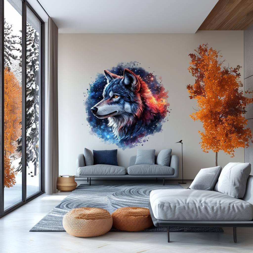 Celestial wolf wall decal in a modern living room with autumn trees and stylish furniture, showcasing mystical cosmic art.