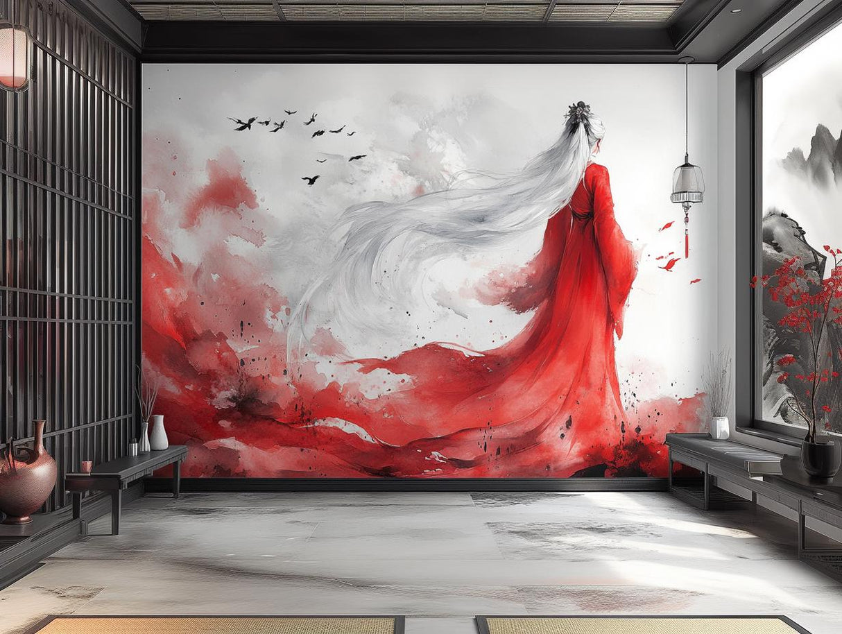 Elegant Asian-inspired mural of a figure in a red kimono, featuring minimalist black and white elements for sophisticated decor.