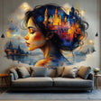 Dreamy castle wall art sticker featuring woman portrait and vibrant landscape, perfect for living room decor.
