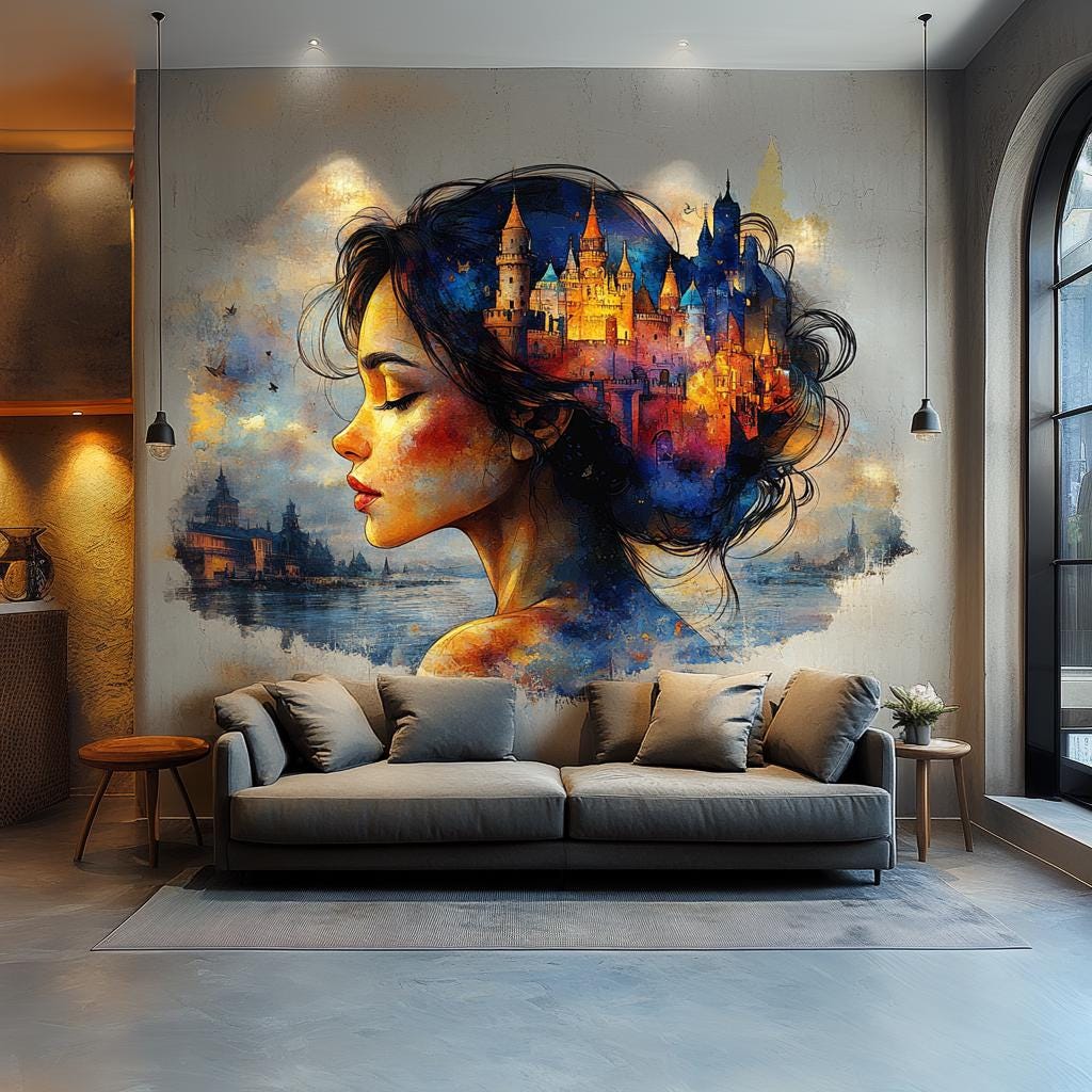 Dreamy castle wall art sticker featuring a woman portrait in vibrant colors, perfect for home decor.