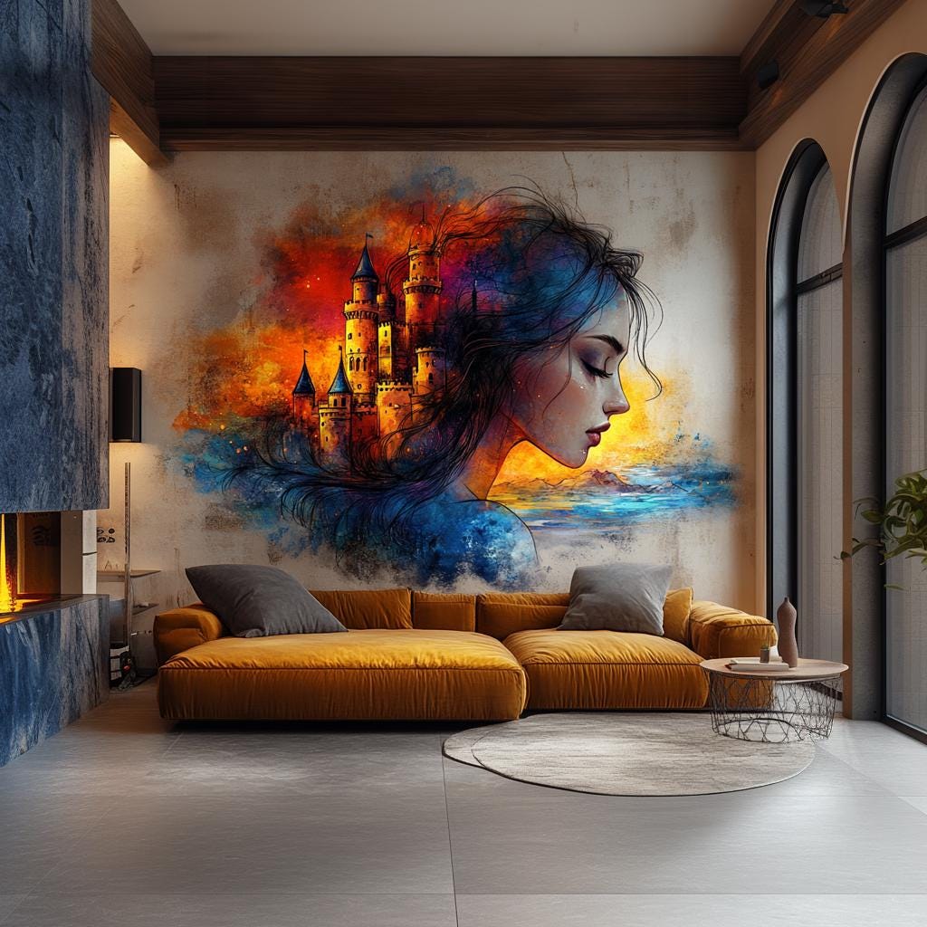 Surreal wall decal of a woman with a fantasy castle, vibrant colors enhancing modern home decor.