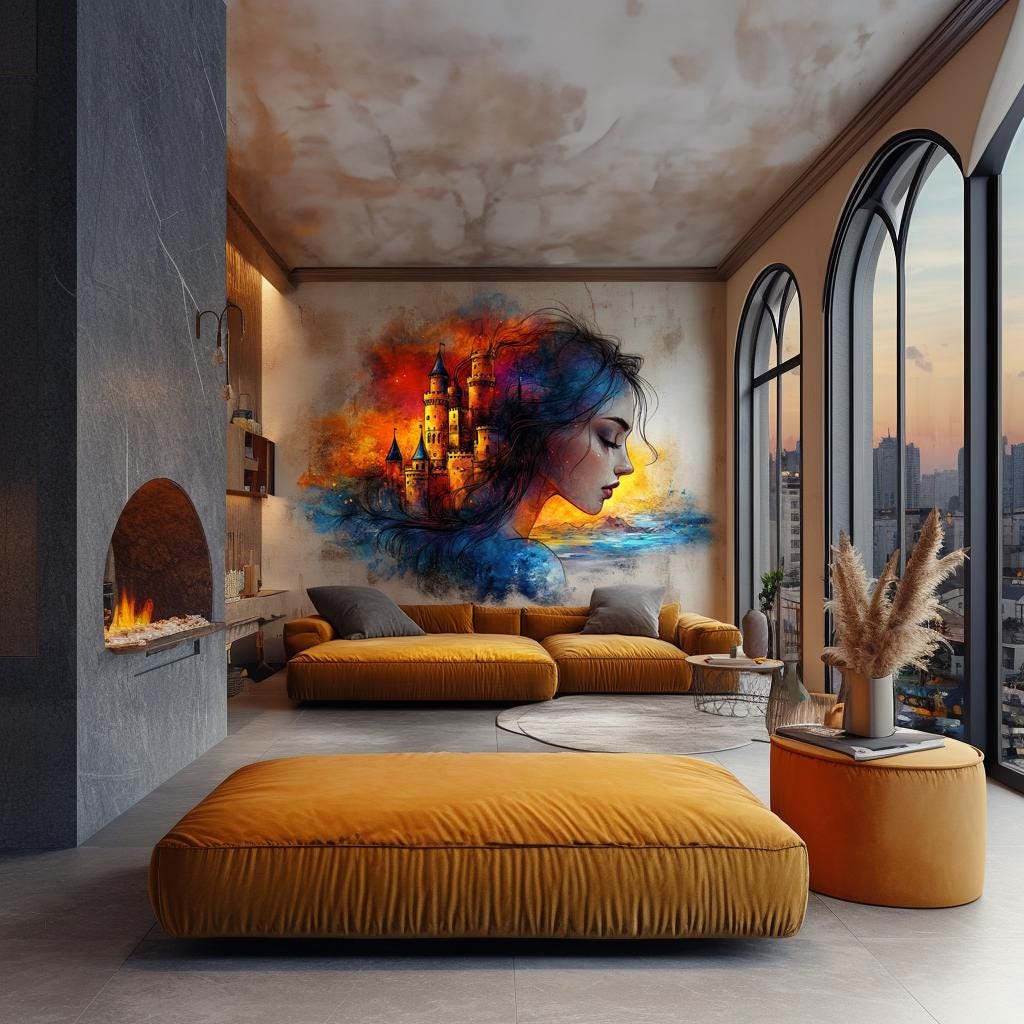 Colorful surreal wall decal of a woman and castle in modern living room with cozy decor and large windows.