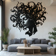 Elegant black and white woman face wall decal with flowing hair designs in modern living room décor.
