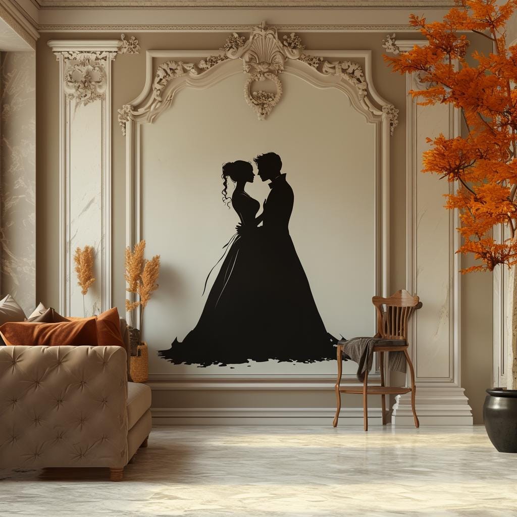 Bride and groom silhouette wall decal in elegant living room, creating a romantic atmosphere.