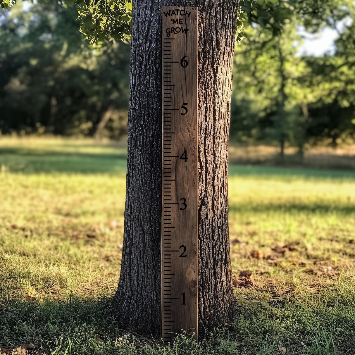 Wooden growth chart ruler on a tree, designed for tracking kids' height progress outdoors in a natural setting.