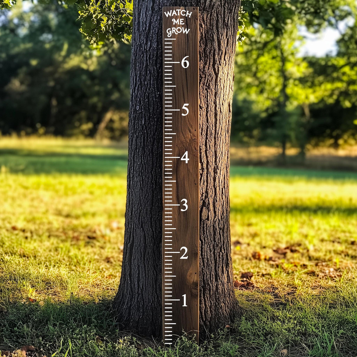 Wooden growth chart ruler on a tree trunk, marked for height tracking from 1 to 6 feet.