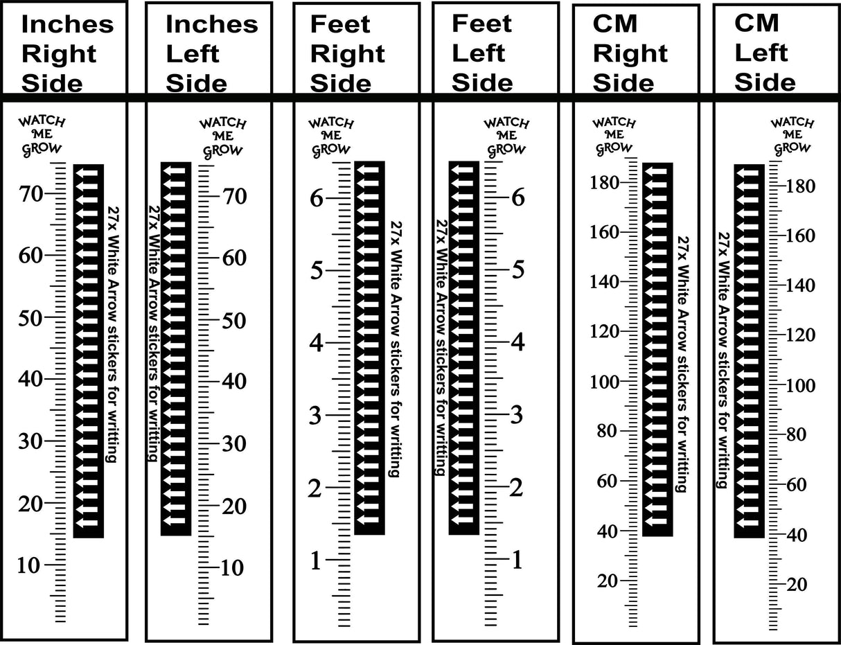 Vinyl growth chart decal showing height measurements in inches, feet, and cm with white arrow stickers for tracking growth.