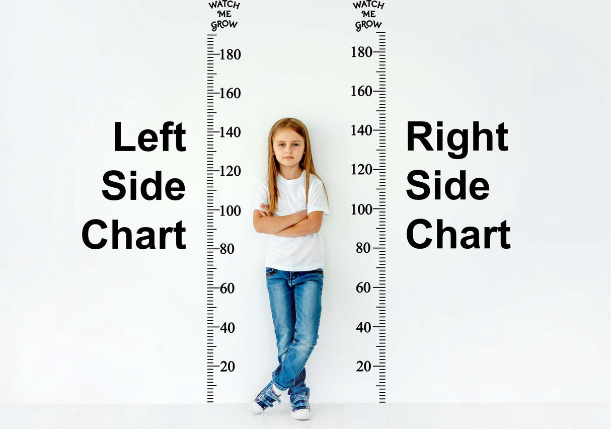 Child standing between left and right side growth charts, showcasing height markers for tracking growth.