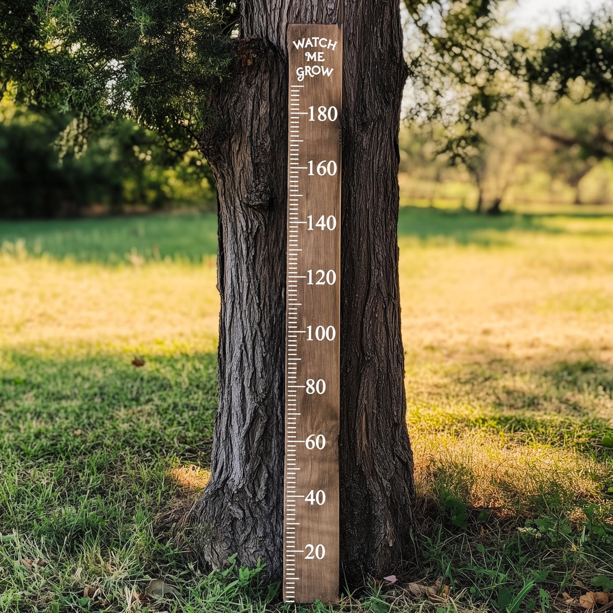 Vinyl growth chart decal on a tree, measuring kids' heights from 20 to 180 cm in a natural setting.