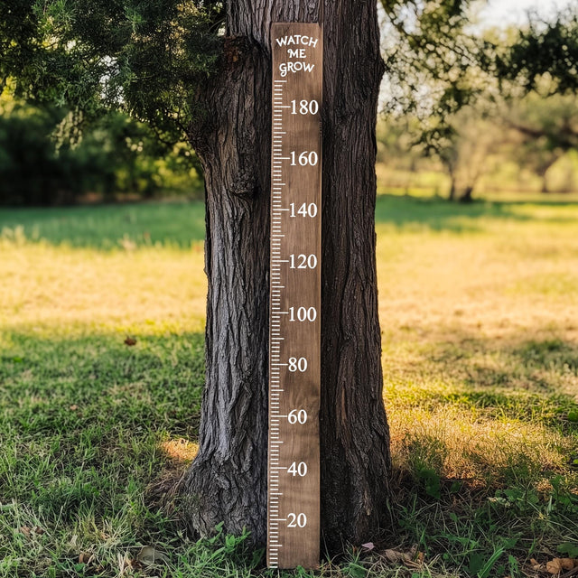 Vinyl growth chart decal on a tree, measuring kids' heights from 20 to 180 cm in a natural setting.