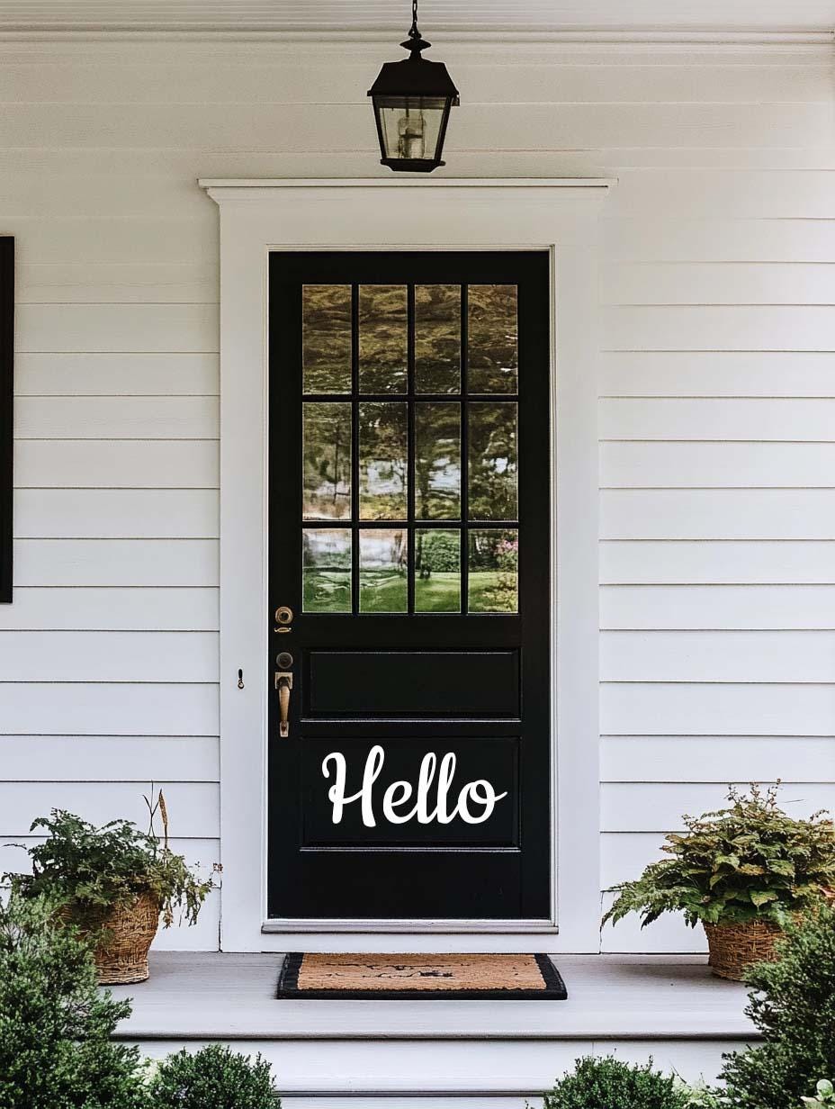 Hello front door decal welcoming visitors to a stylish home entrance with plants and a lantern.