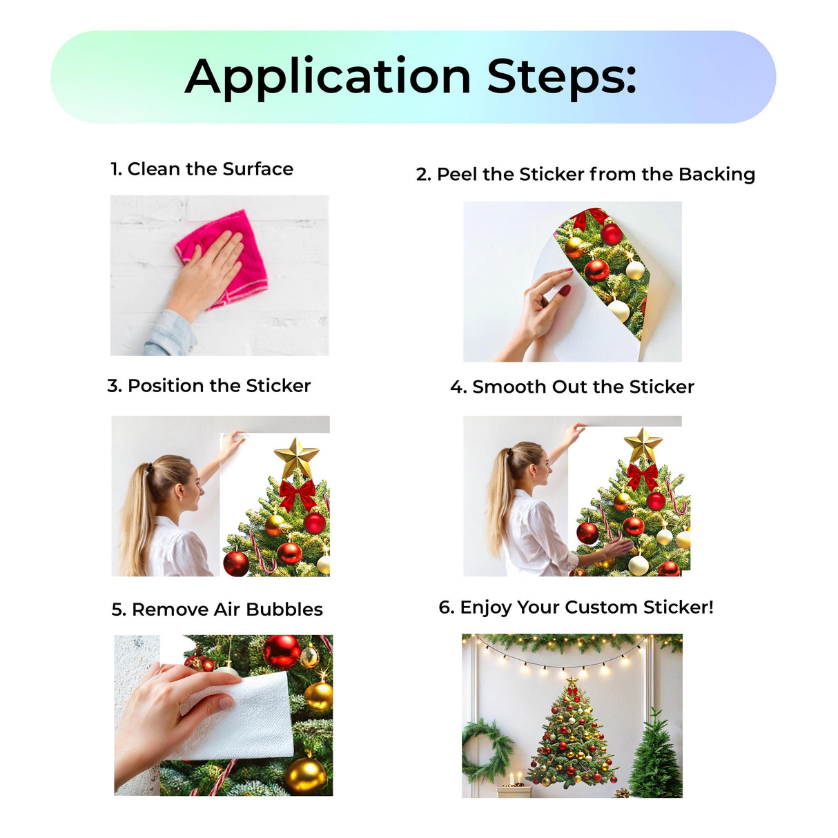 Step by step guide for applying the Interactive Christmas Tree Wall Sticker decal.